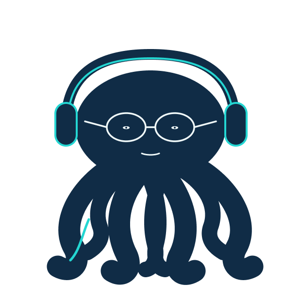 The Naumio Listening Guide, a navy octopus character with thin glasses and teal headphones